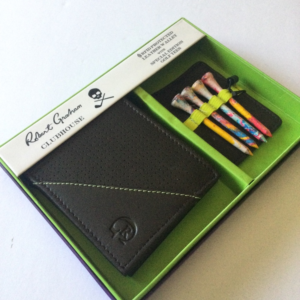 ROBERT GRAHAM LEATHER GOLF THEMED WALLET AND TEE HOLDER SET BROWN NWT